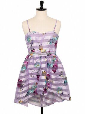 Windsor Lavender Floral Sheer Stripe High Low Mini Dress L